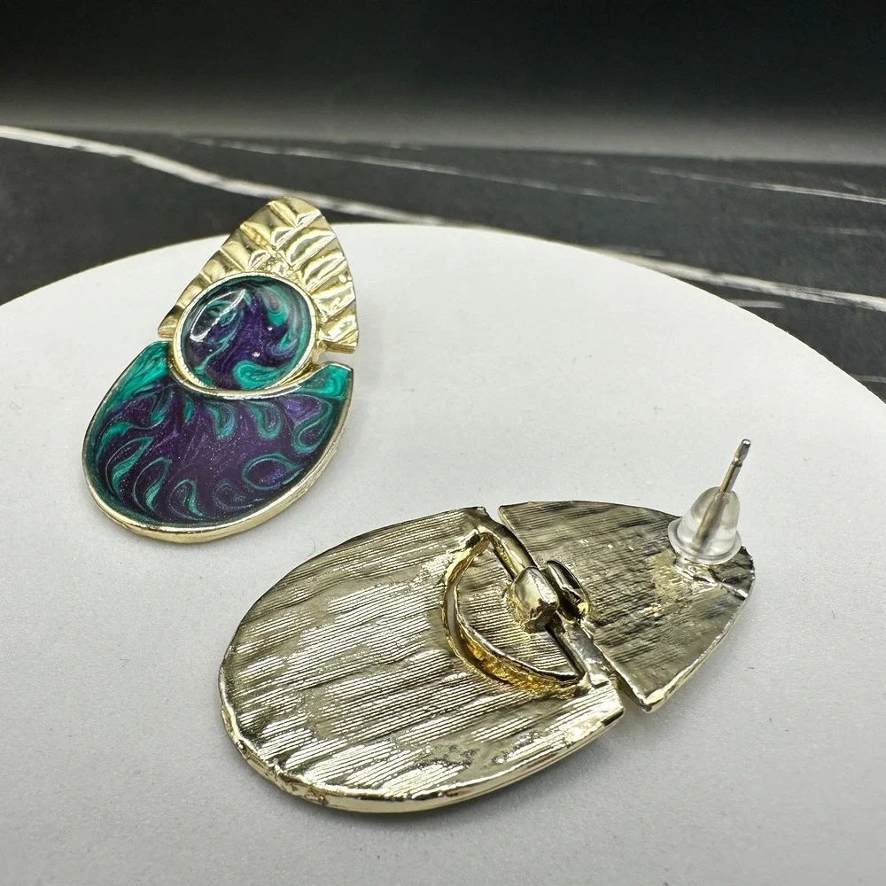 Vintage Abstract Enamel Drop Earrings Green Purple Gold Tone Modern Art Style